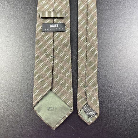Hugo Boss Wool Silk Neck Tie Mens Green Brown Criss Cross Striped Made in Italy* - Picture 5 of 12